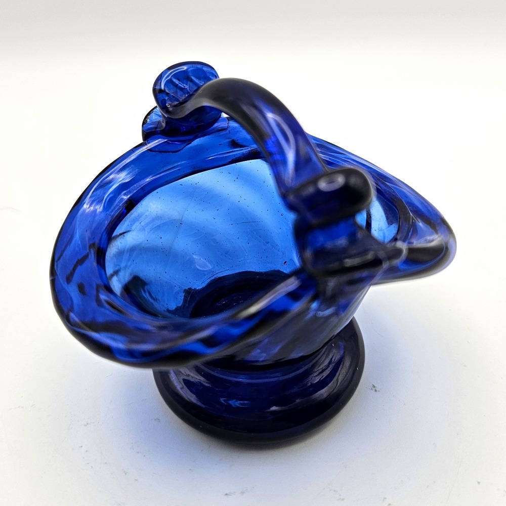 Cobalt Blue Glass Pedestal Decorative Basket w/ Handle Oval 4.25 x 2.25" Vintage